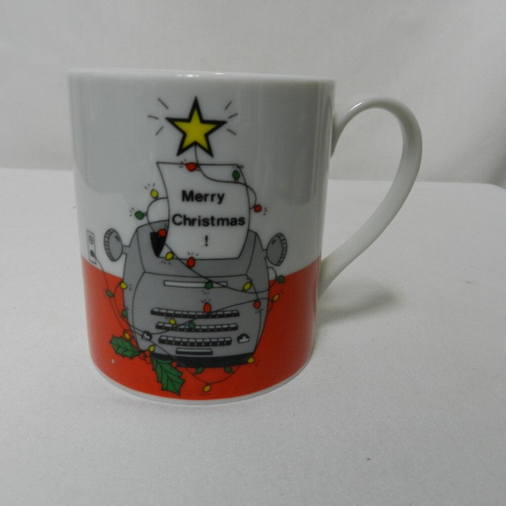 Amscan Vintage Mug Cup Merry Christmas Typewriter Porcelain Holidays Japan Tree